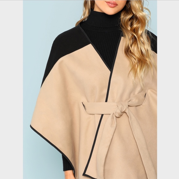 New! Belted Kimono Cape Coat Black & Nude - Picture 5 of 8